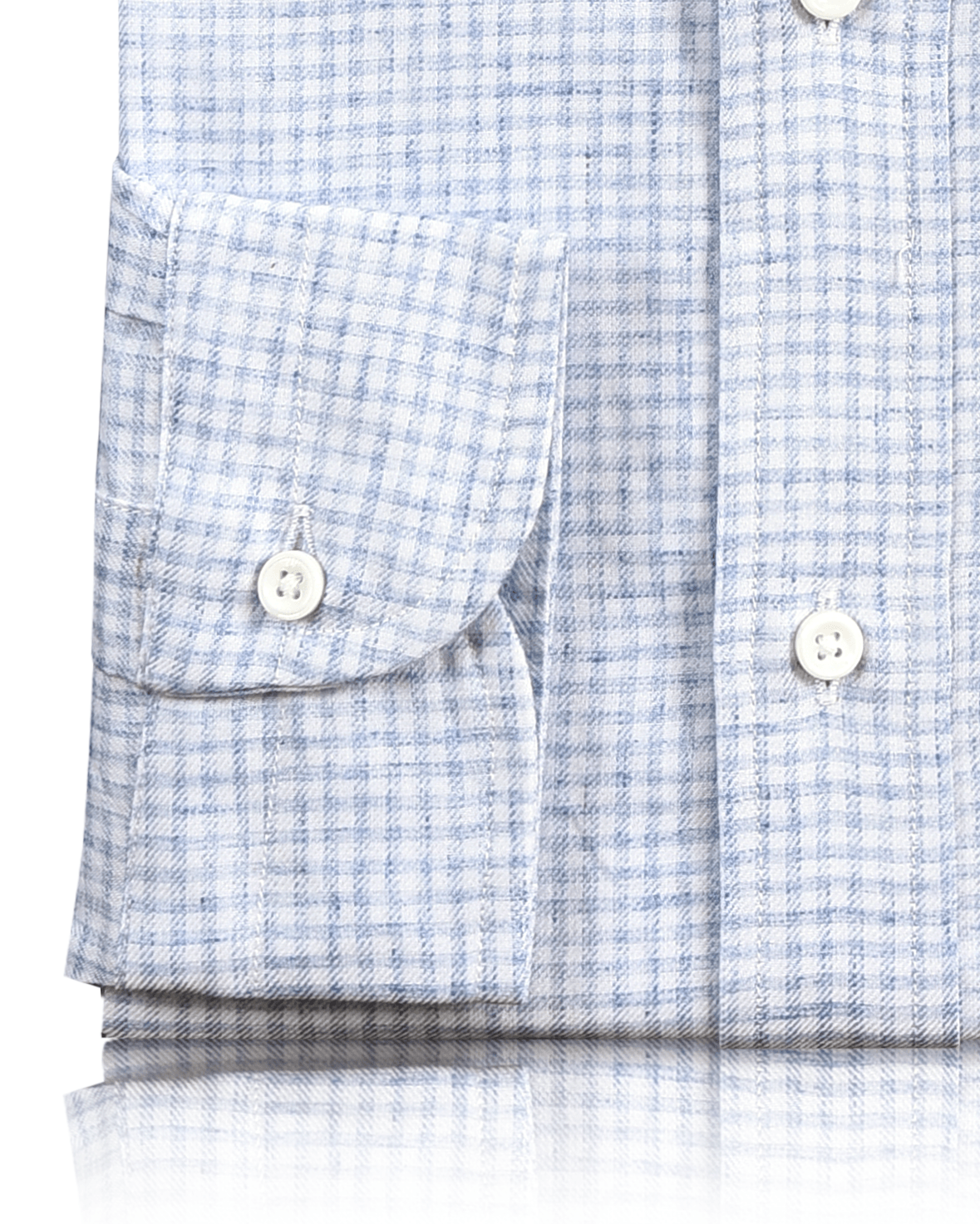 Close up view of custom check shirts for men by Luxire blue and white tattersall