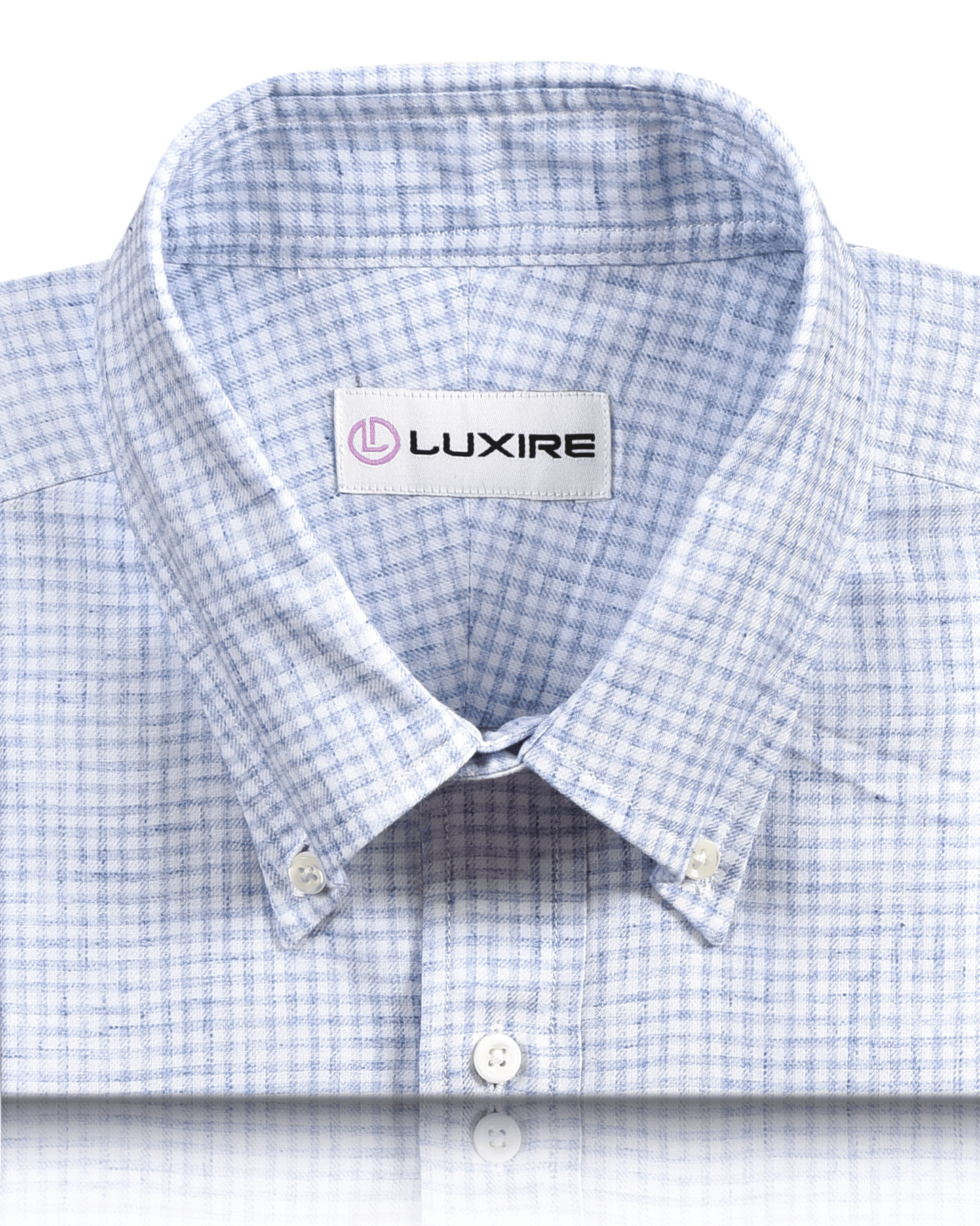 Front close view of custom check shirts for men by Luxire blue and white tattersall