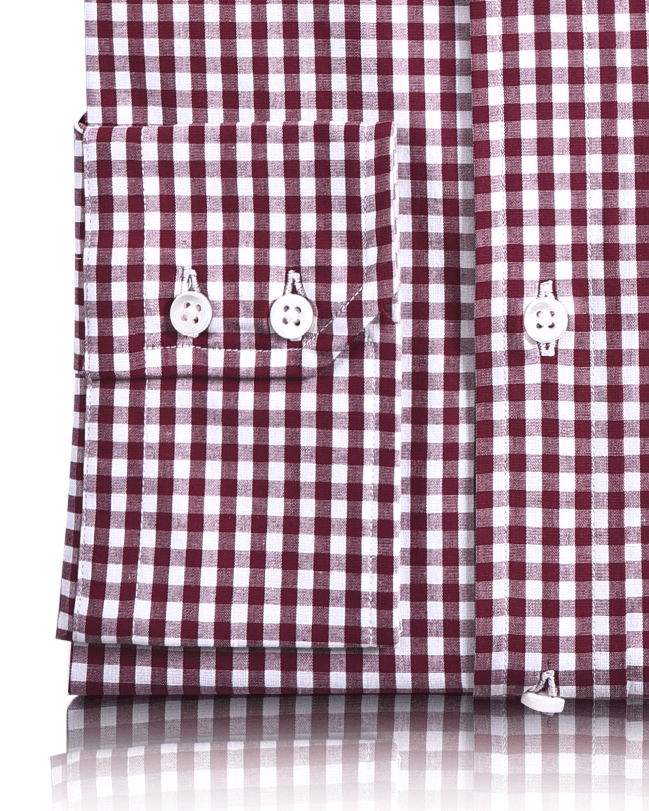 Close up view of custom check shirts for men by Luxire deep red gingham
