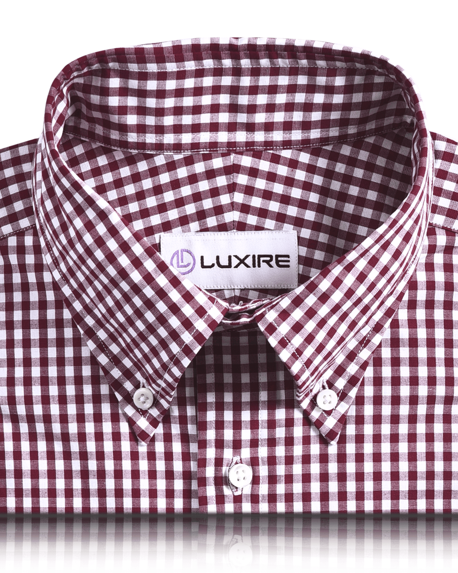 Front close view of custom check shirts for men by Luxire deep red gingham