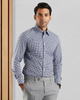 Model wearing custom check shirts for men by Luxire navy small gingham