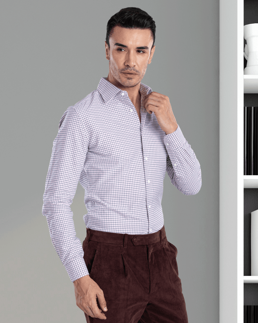 Model wearing custom check shirts for men by Luxire navy pink tattersall