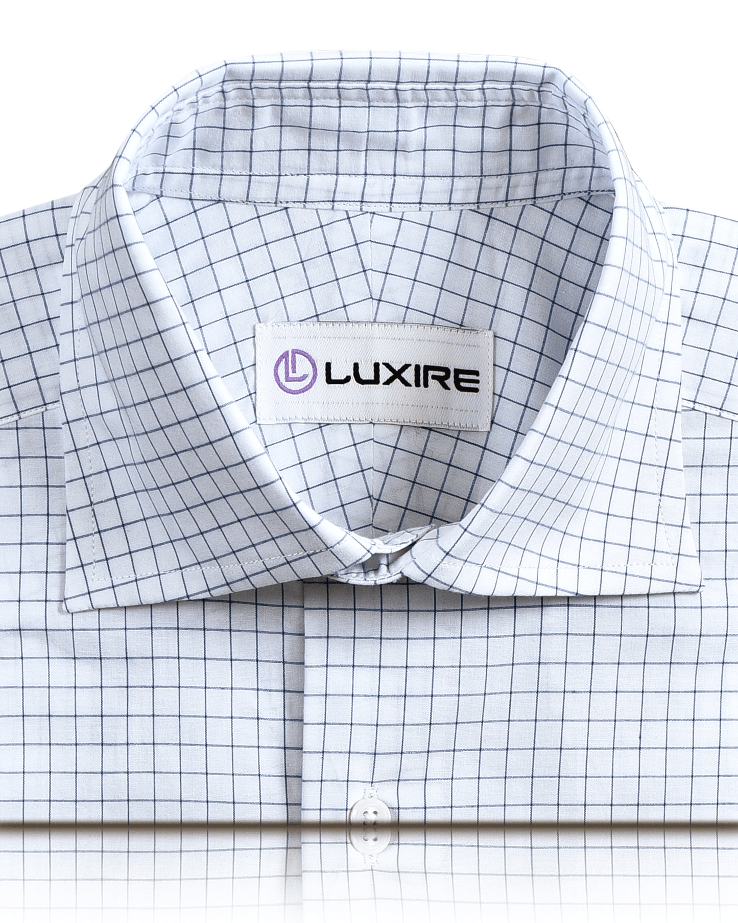 Front close view of custom check shirts for men by Luxire navy white