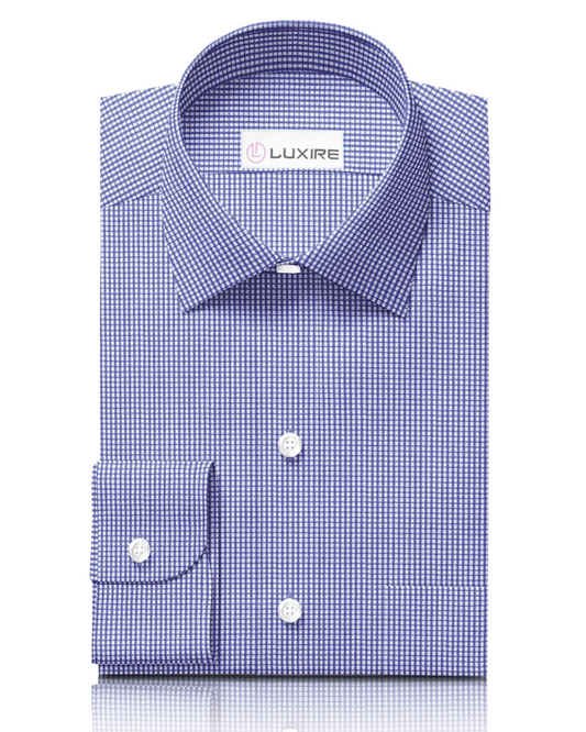 Front view of custom check shirts for men by Luxire sapphire blue gingham