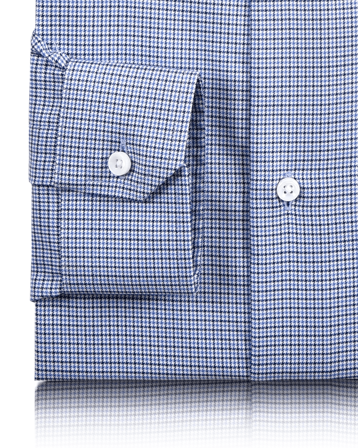 Close up cuff view of custom check shirts for men by Luxire blue and white micro houndstooth