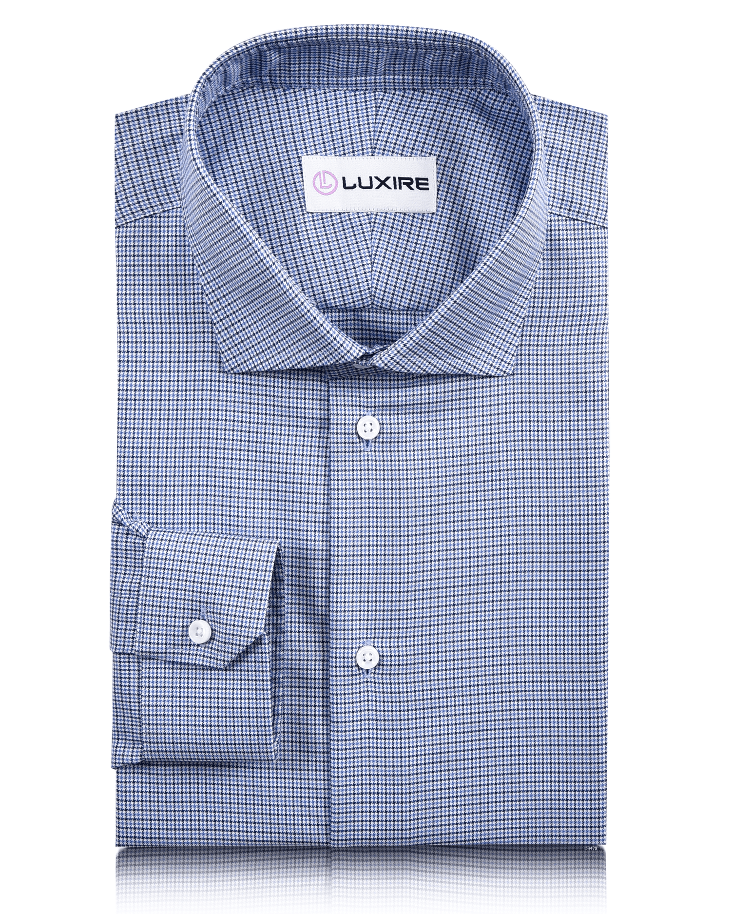 Front view of custom check shirts for men by Luxire blue and white micro houndstooth