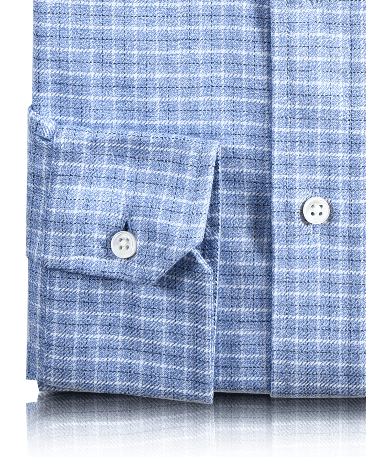 Close cuff view of custom check shirts for men by Luxire dark blue light blue and white