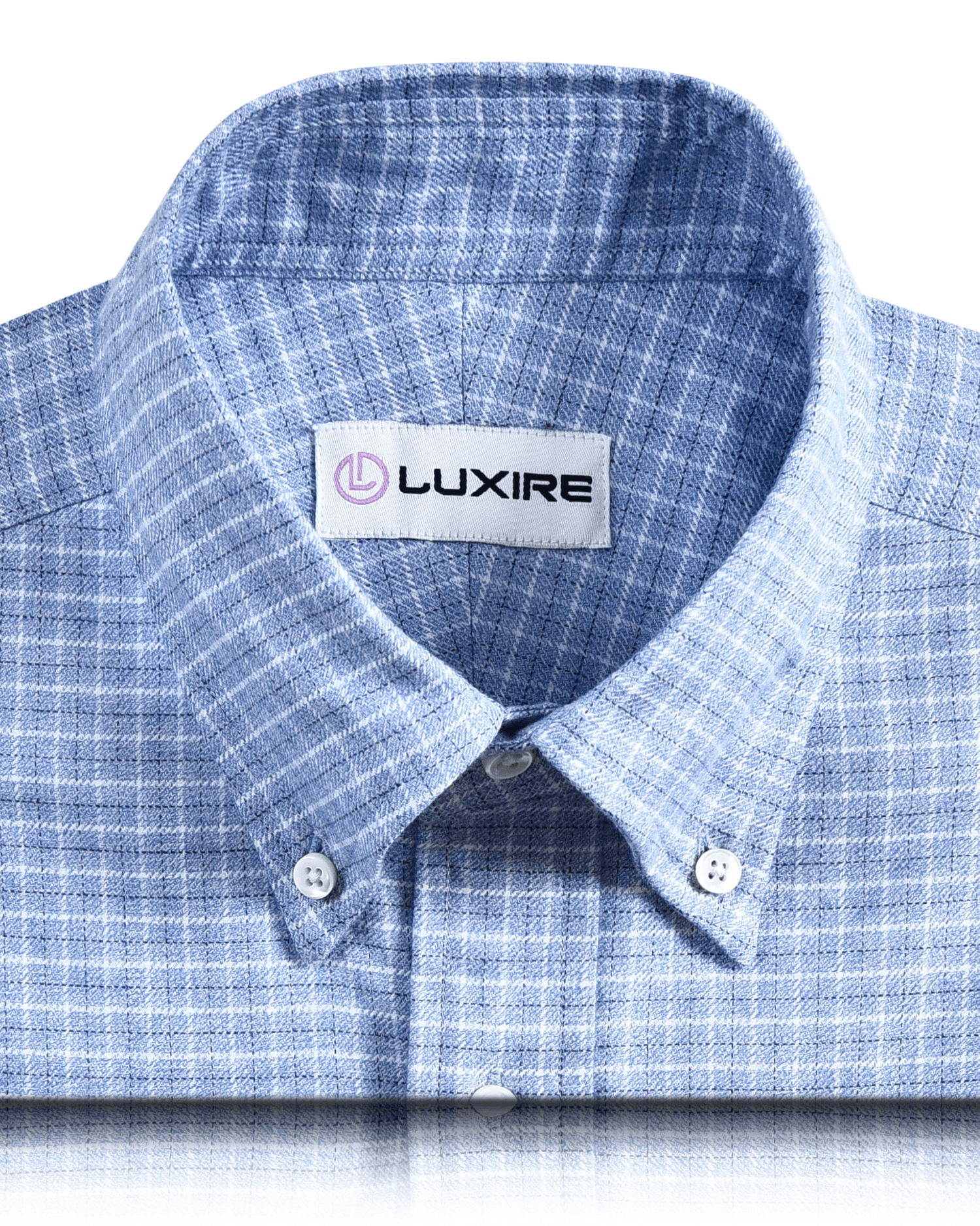 Front close view of custom check shirts for men by Luxire dark blue light blue and white