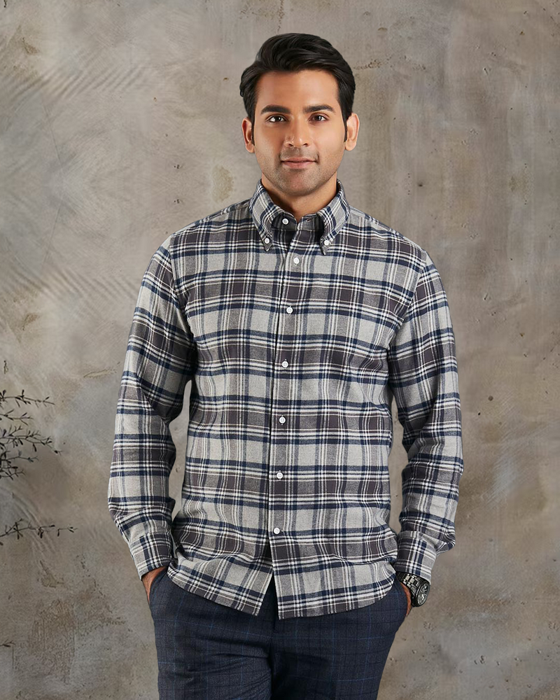 Dark Gull Grey Navy Plaid Flannel Shirt