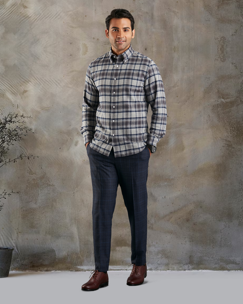 Dark Gull Grey Navy Plaid Flannel Shirt