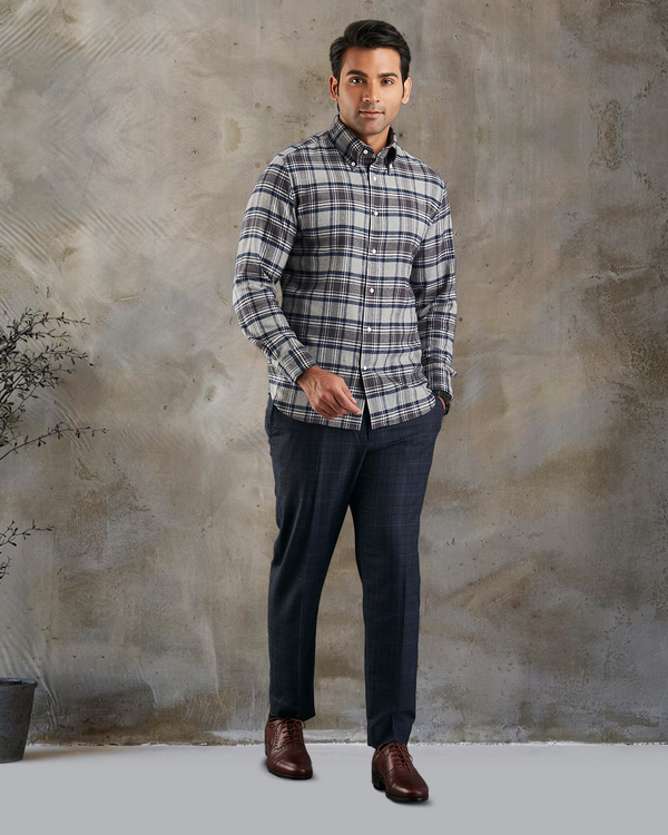 Dark Gull Grey Navy Plaid Flannel Shirt
