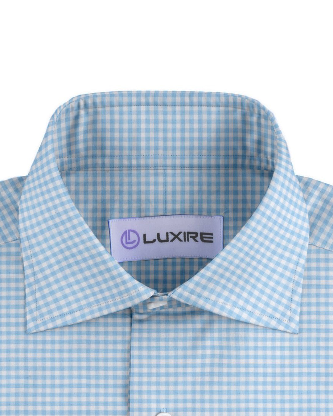 Front close view of custom check shirts for men by Luxire light blue gingham
