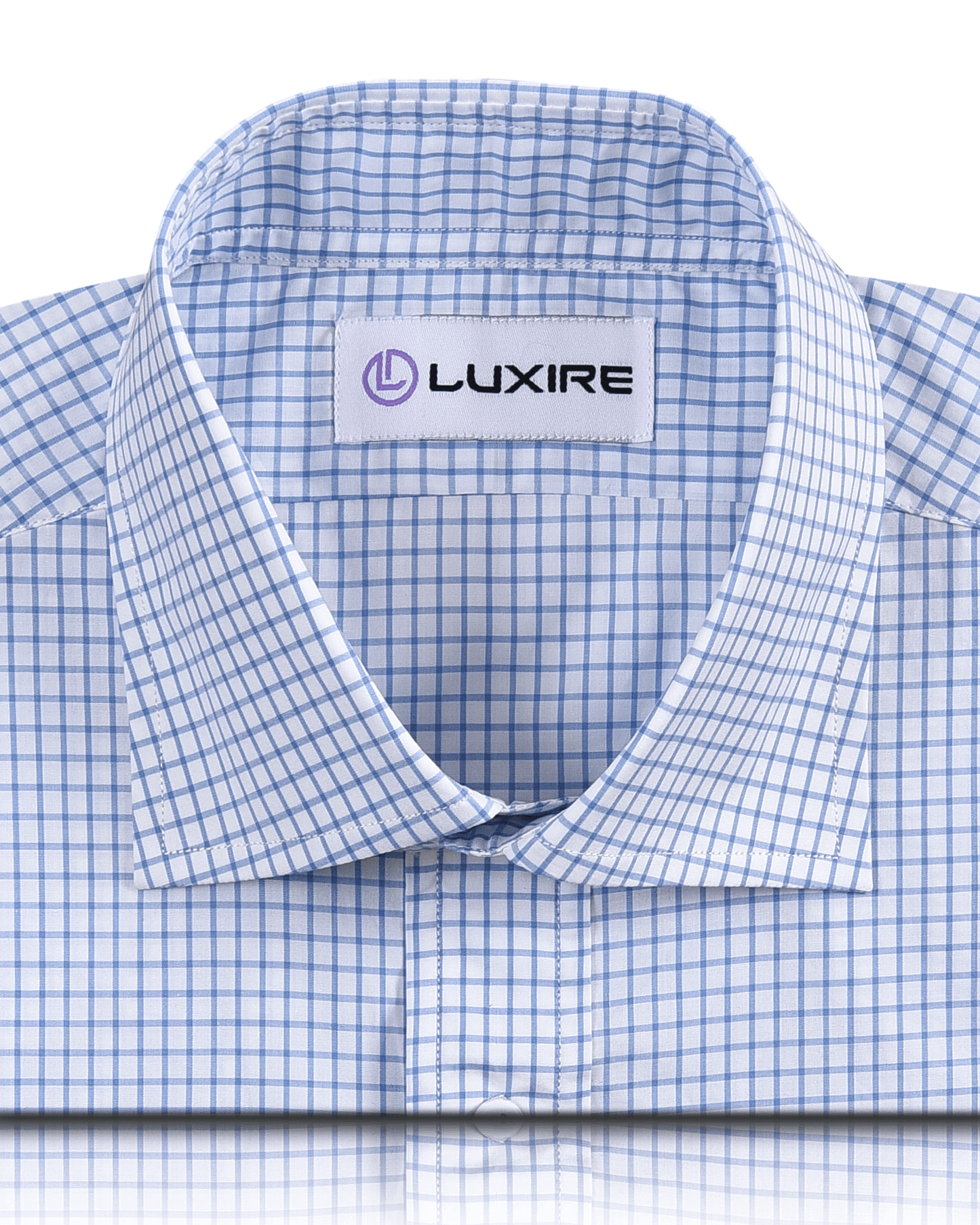 Front close view of custom check shirts for men by Luxire brembana sky blue