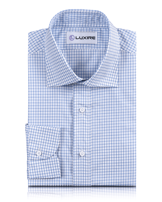 Front view of custom check shirts for men by Luxire brembana sky blue