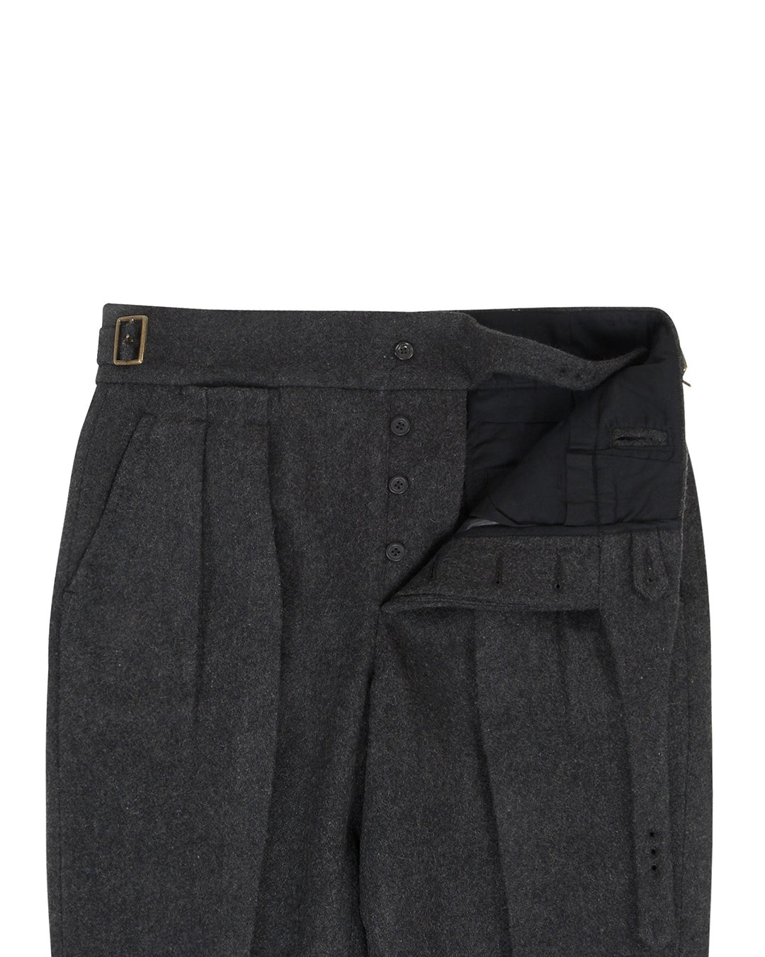Front open view of the Gurkha Pant in Charcoal Grey Wool