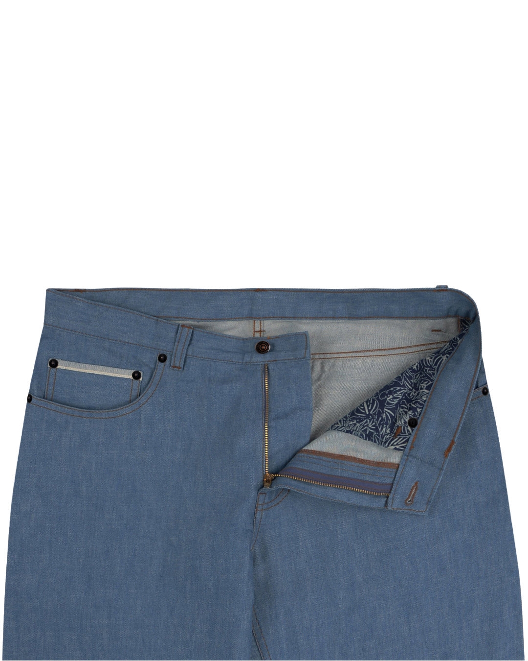 Front opwn view of custom broken slub jeans for men by Luxire in light blue