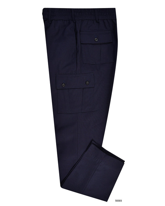 Side view of custom cargo pants for men by Luxire in navy