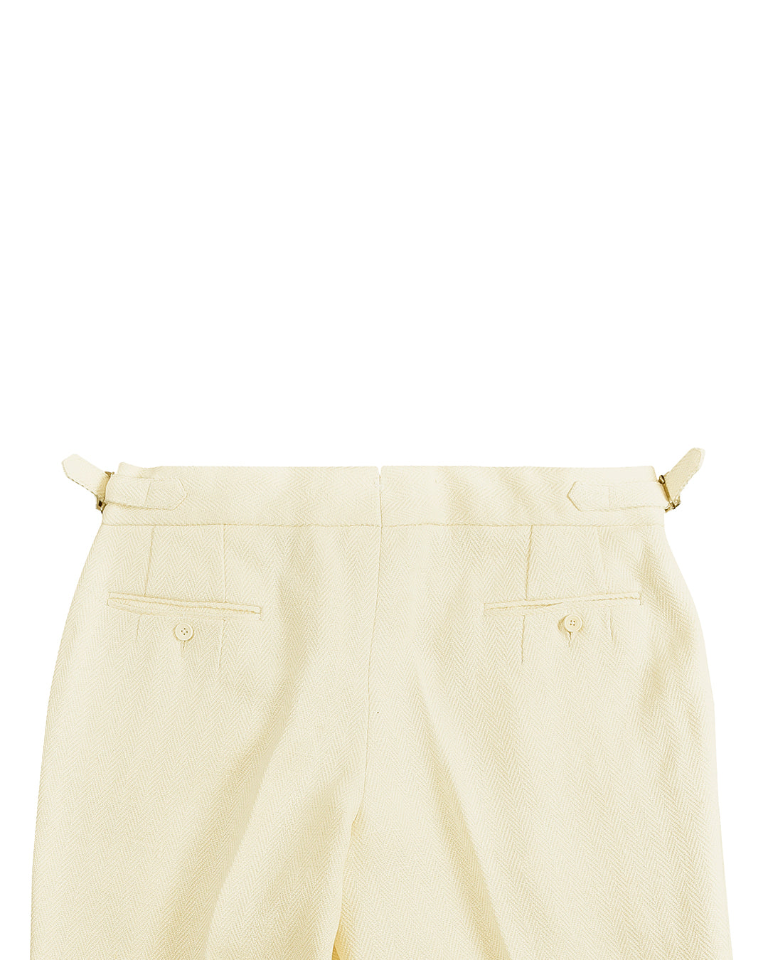 Back view of custom linen pants for men by Luxire in cream herringbone