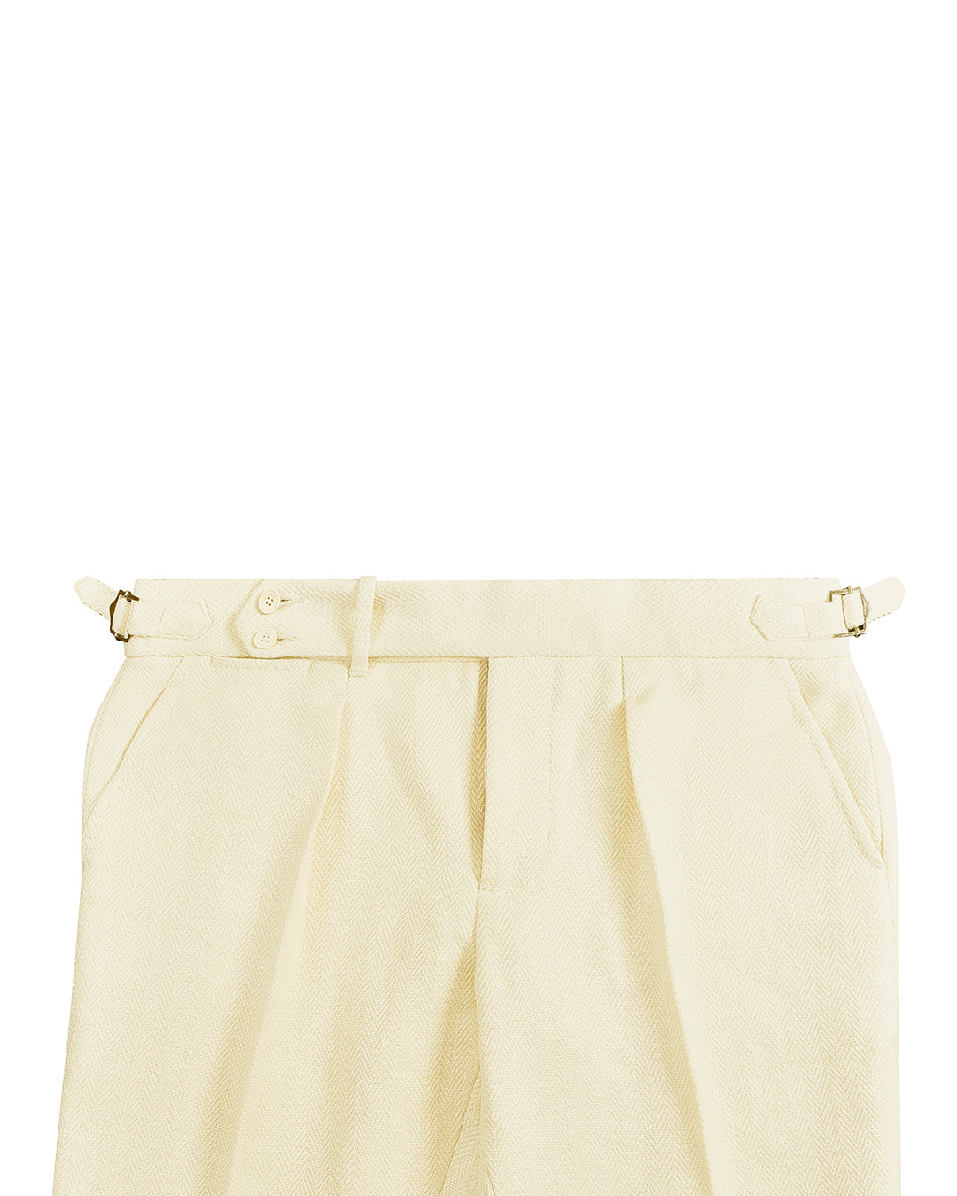 Front view of custom linen pants for men by Luxire in cream herringbone