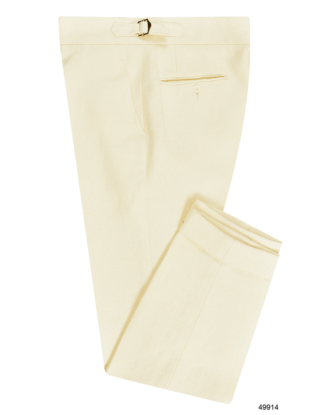 Side view of custom linen pants for men by Luxire in cream herringbone