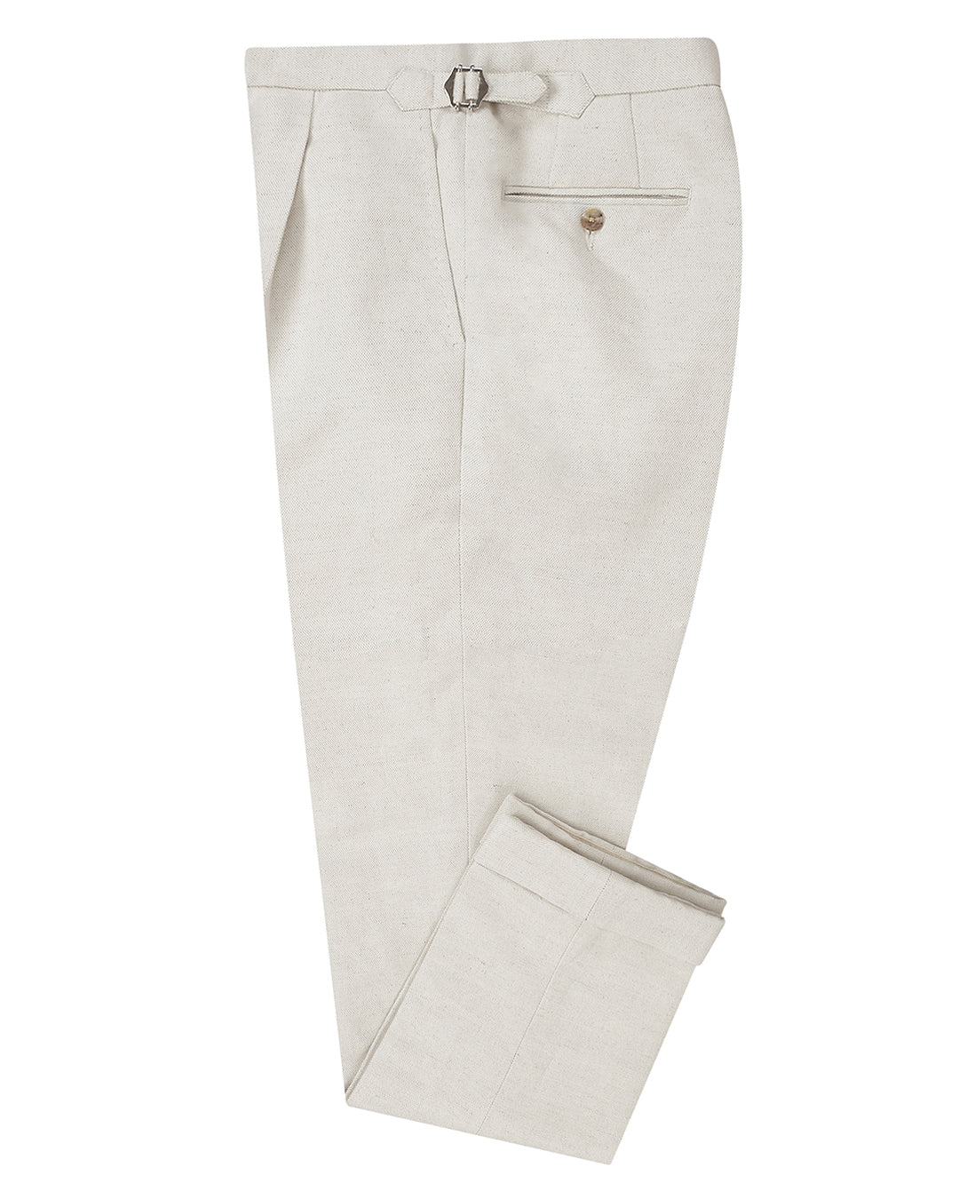 Side view of custom linen pants for men by Luxire in cream