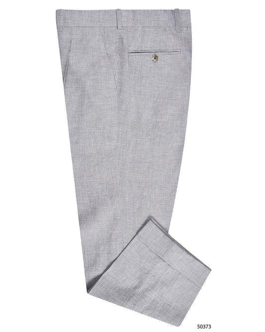 Side view of custom linen pants for men by Luxire in grey houndstooth