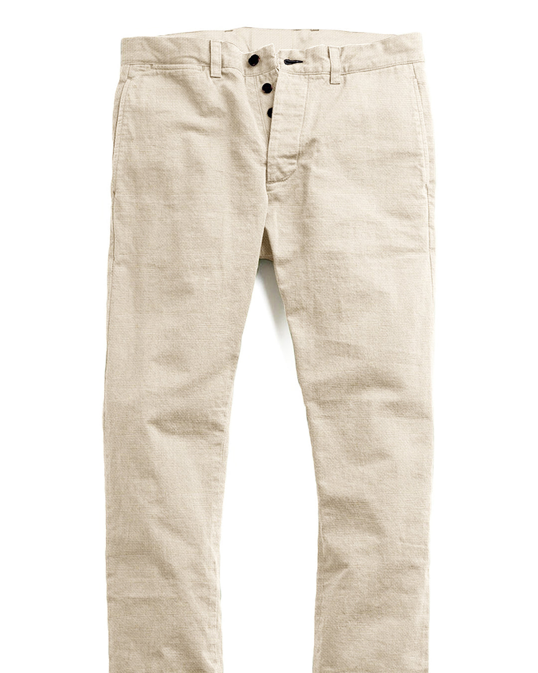 Front view of custom linen canvas pants for men by Luxire in off white