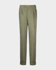 Front view of custom linen canvas pants for men by Luxire in olive green