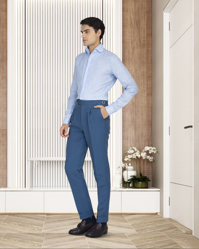 Male model in custom linen Gurkha pants for men by Luxire in olive hand in pocket