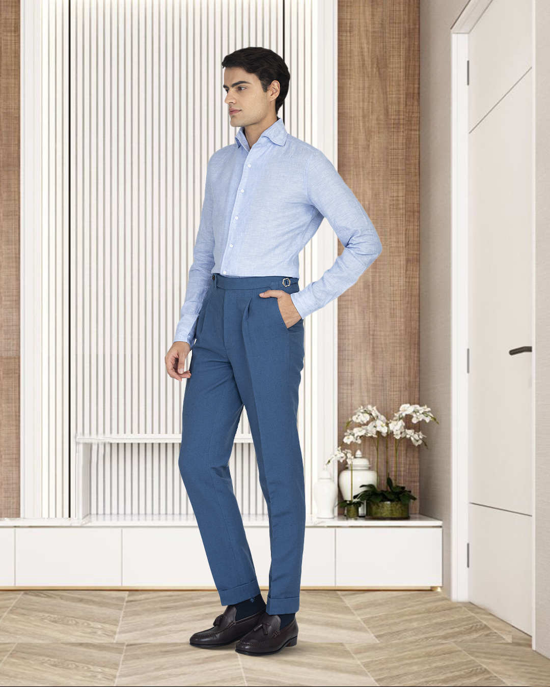 Male model in custom linen Gurkha pants for men by Luxire in olive hand in pocket