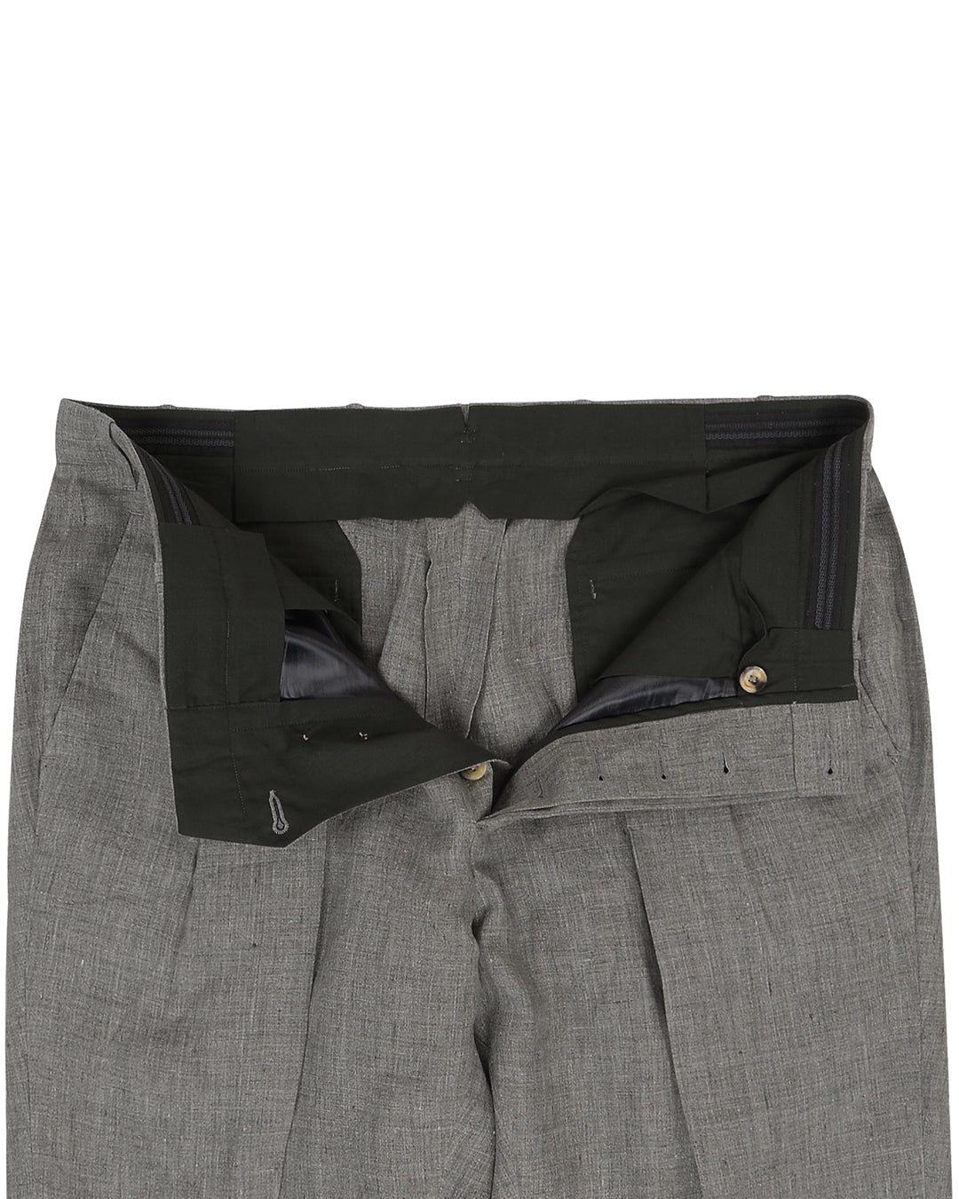 Front open view of custom linen pants for men by Luxire in stone grey
