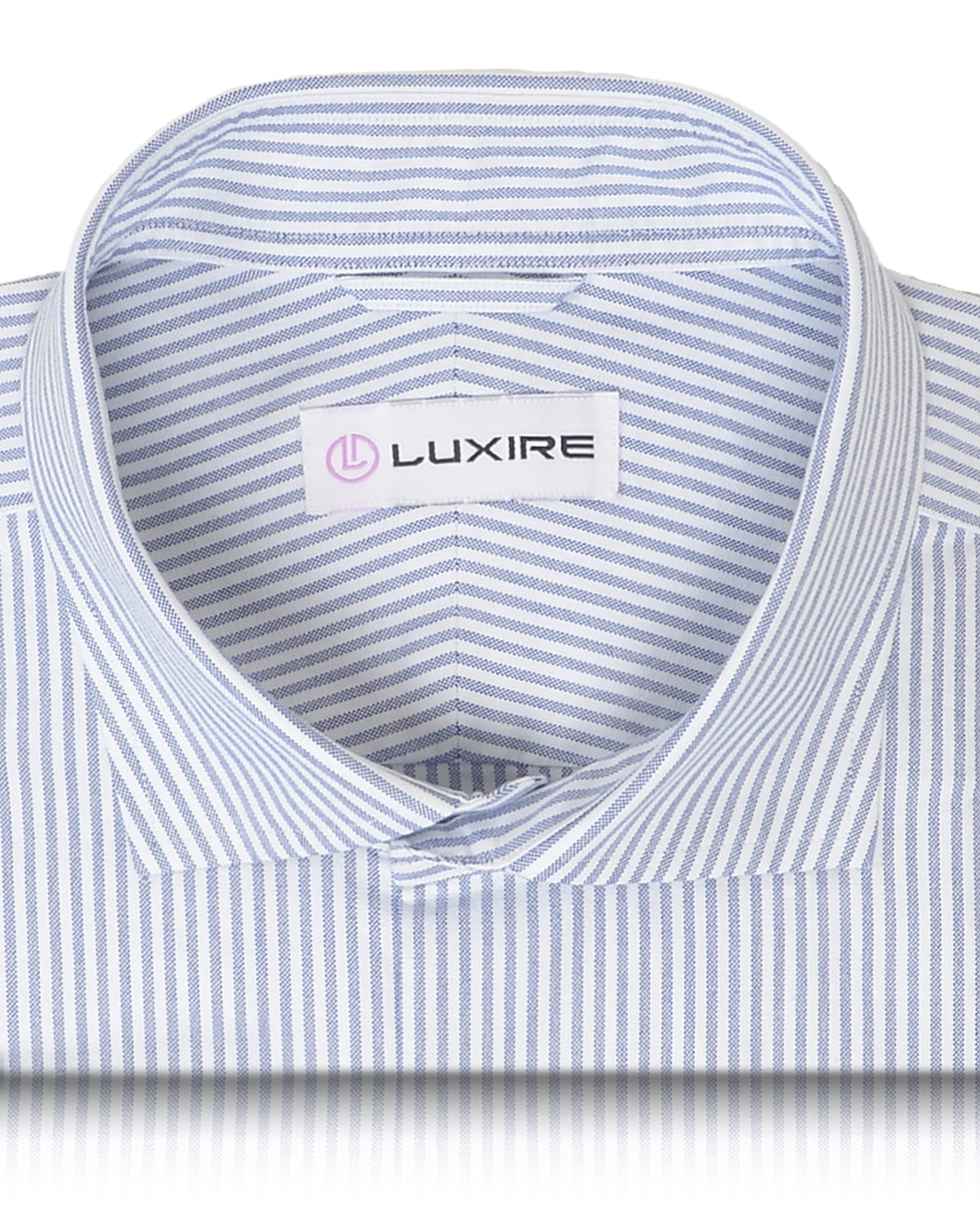 Collar of the custom oxford shirt for men by Luxire in cornflower dress stripes