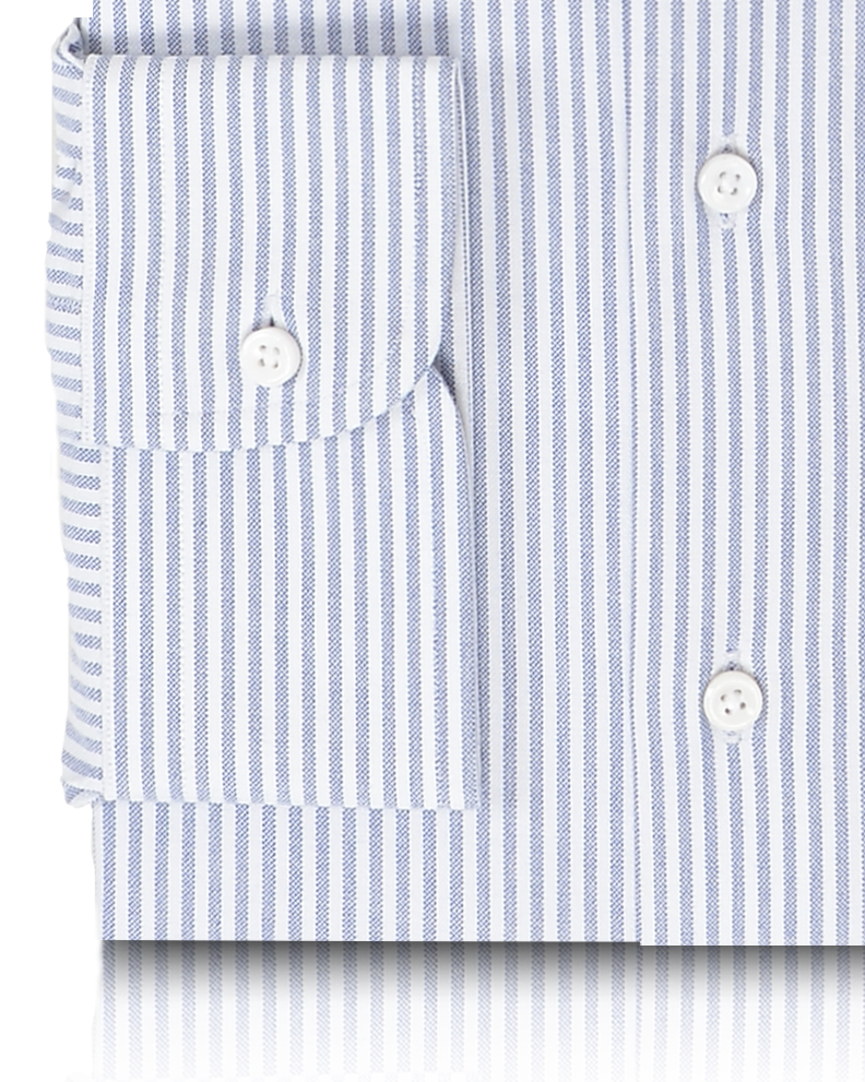 Cuff of the custom oxford shirt for men by Luxire in cornflower dress stripes
