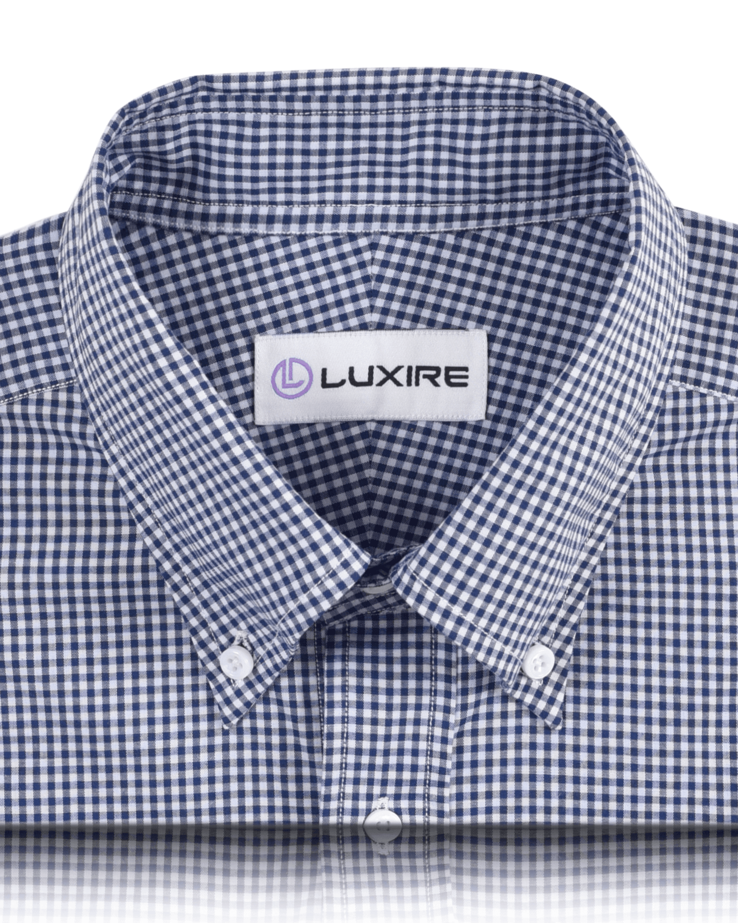 Collar of the custom oxford shirt for men by Luxire in blue gingham with checks