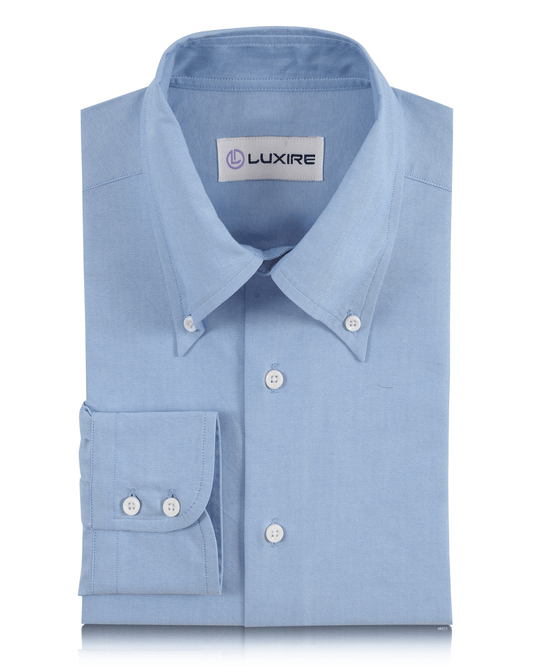 Front of the custom oxford shirt for men by Luxire in classic blue summer