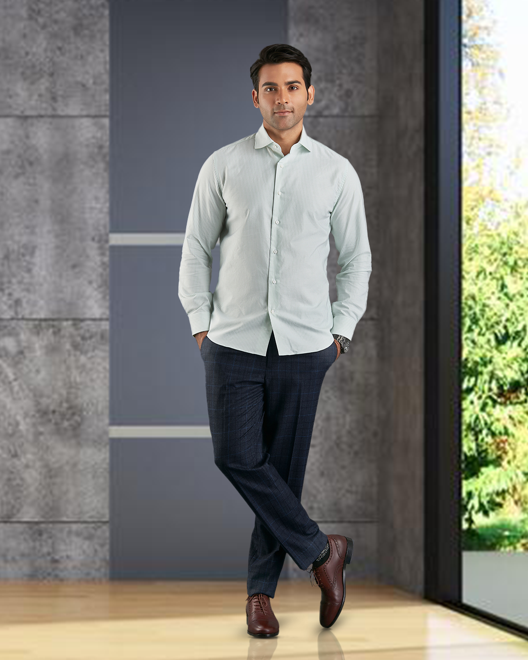 Model wearing the custom oxford shirt for men by Luxire in shades of green hands in pockets 3