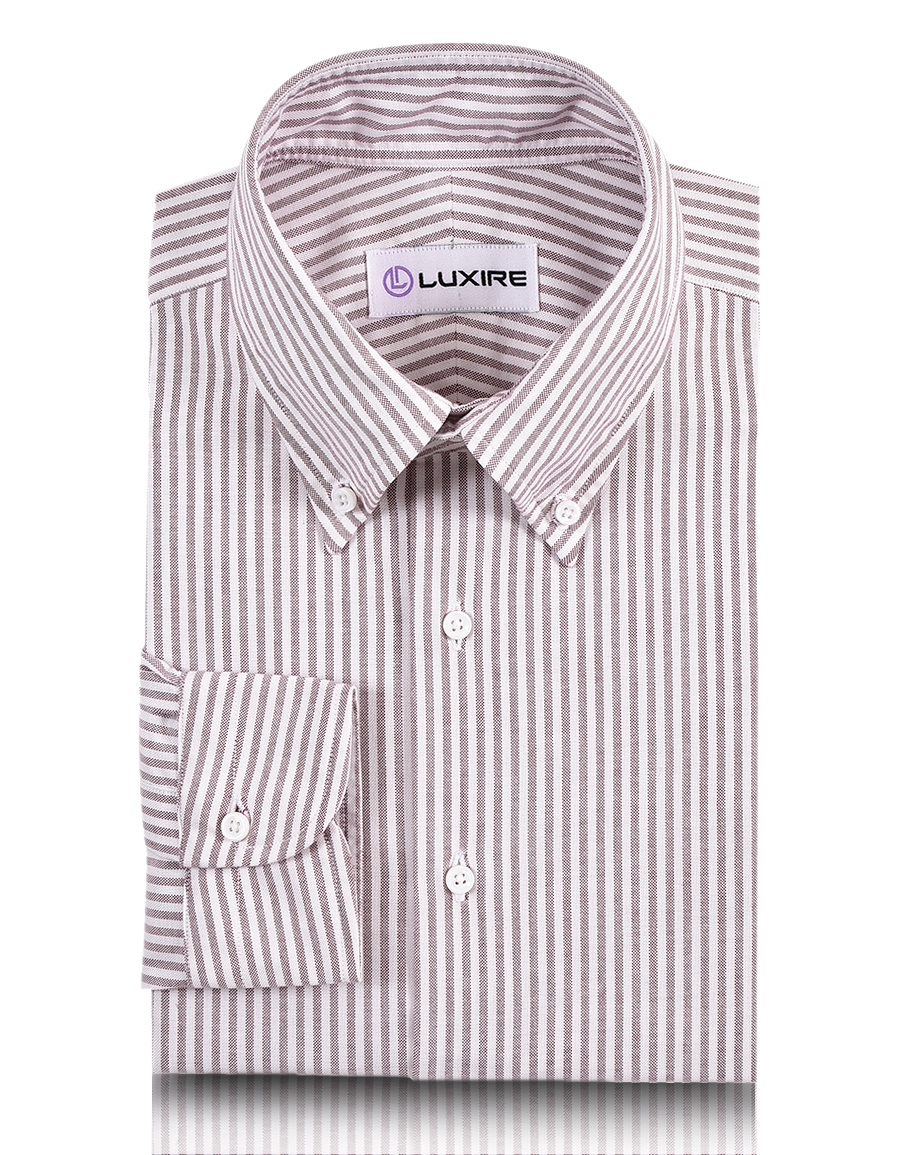 Front of the custom oxford shirt for men by Luxire in white with maroon university stripes