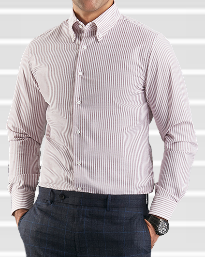 Model wearing the custom oxford shirt for men by Luxire in white with maroon university stripes