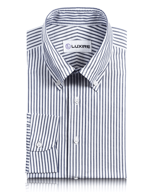 Front of the custom oxford shirt for men by Luxire in white with navy candy stripes