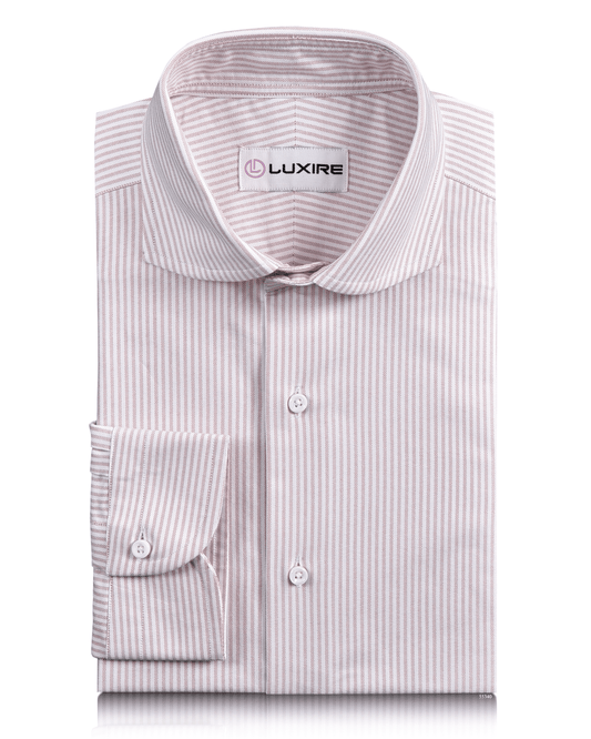 Front of the custom oxford shirt for men by Luxire in white with pink university stripes