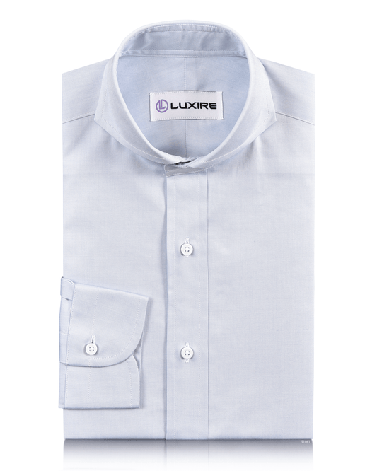 Front of the custom oxford shirt for men by Luxire in sky blue brembana pinpoint