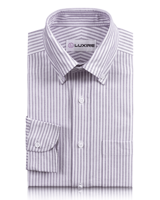 Front of the custom oxford shirt for men by Luxire in white with purple dress stripes
