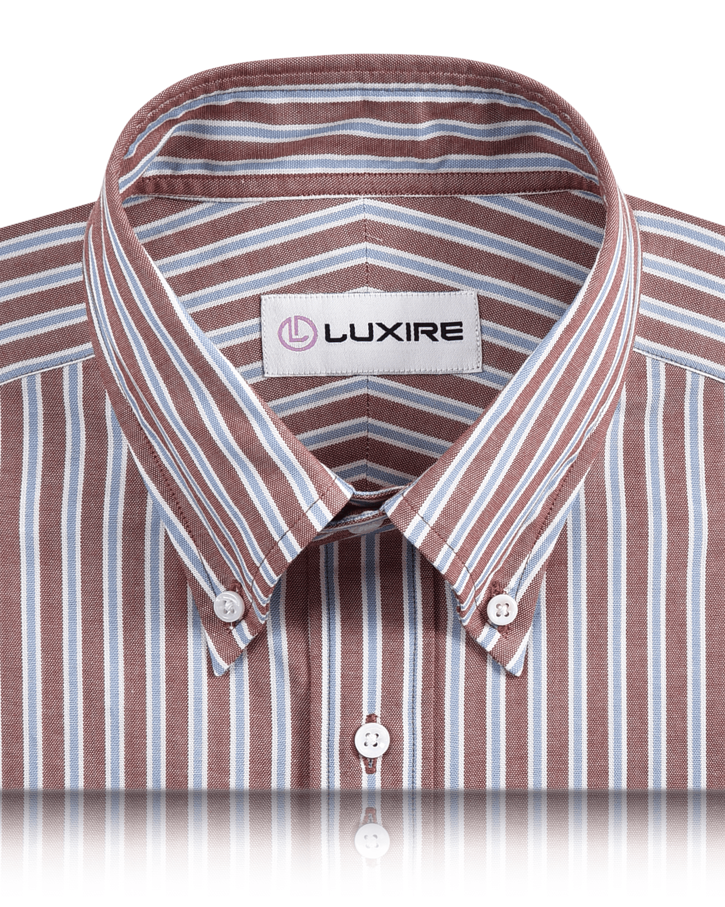 Collar of the custom oxford shirt for men by Luxire with blue white and rust stripes