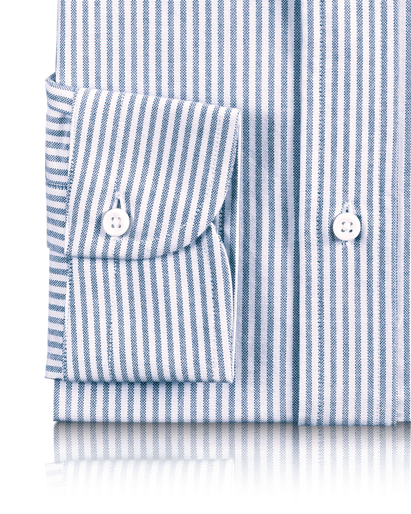 Cuff of the custom oxford shirt for men by Luxire in white with blue university stripes