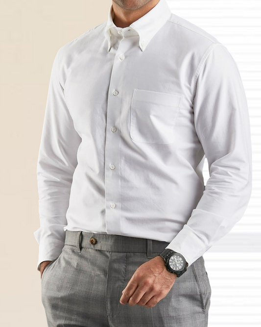 Model wearing the custom oxford shirt for men by Luxire in warzone white