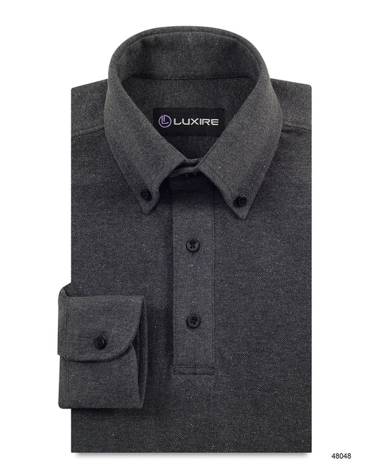 Front of the custom oxford polo shirt for men by Luxire in lead grey