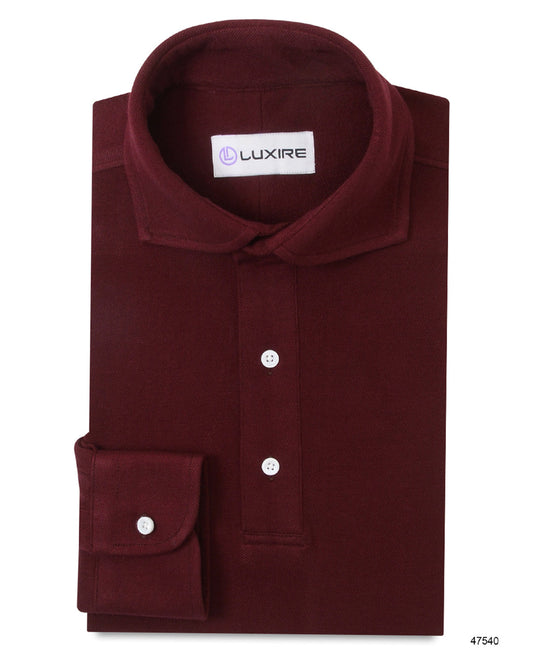 Front of the custom oxford polo shirt for men by Luxire in deep maroon