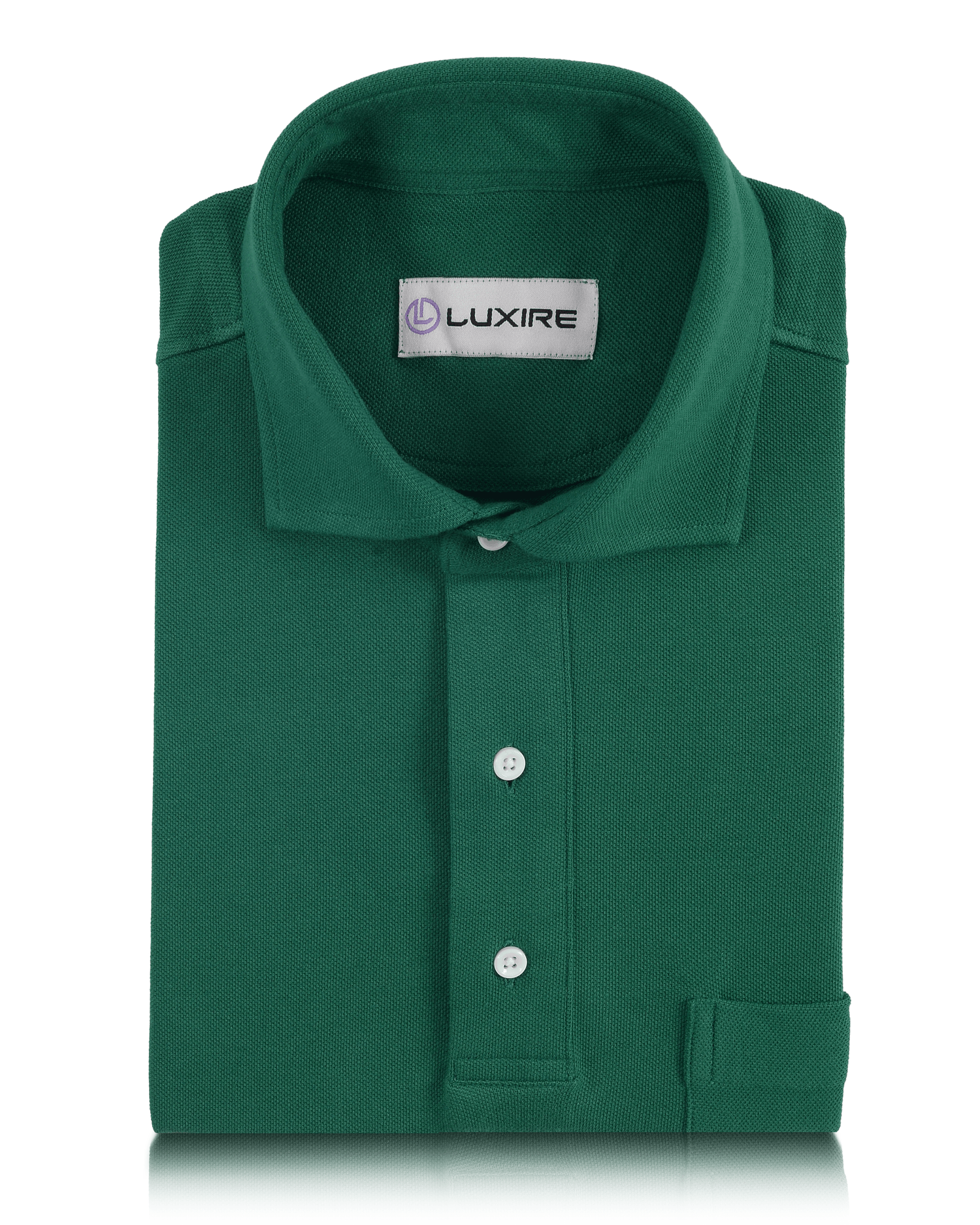 Front of the custom oxford polo shirt for men by Luxire in racing green