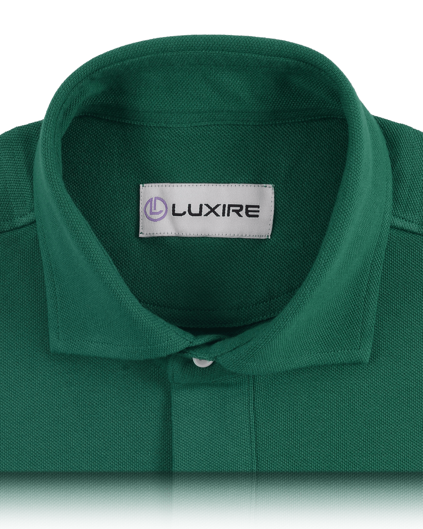 Collar of the custom oxford polo shirt for men by Luxire in racing green