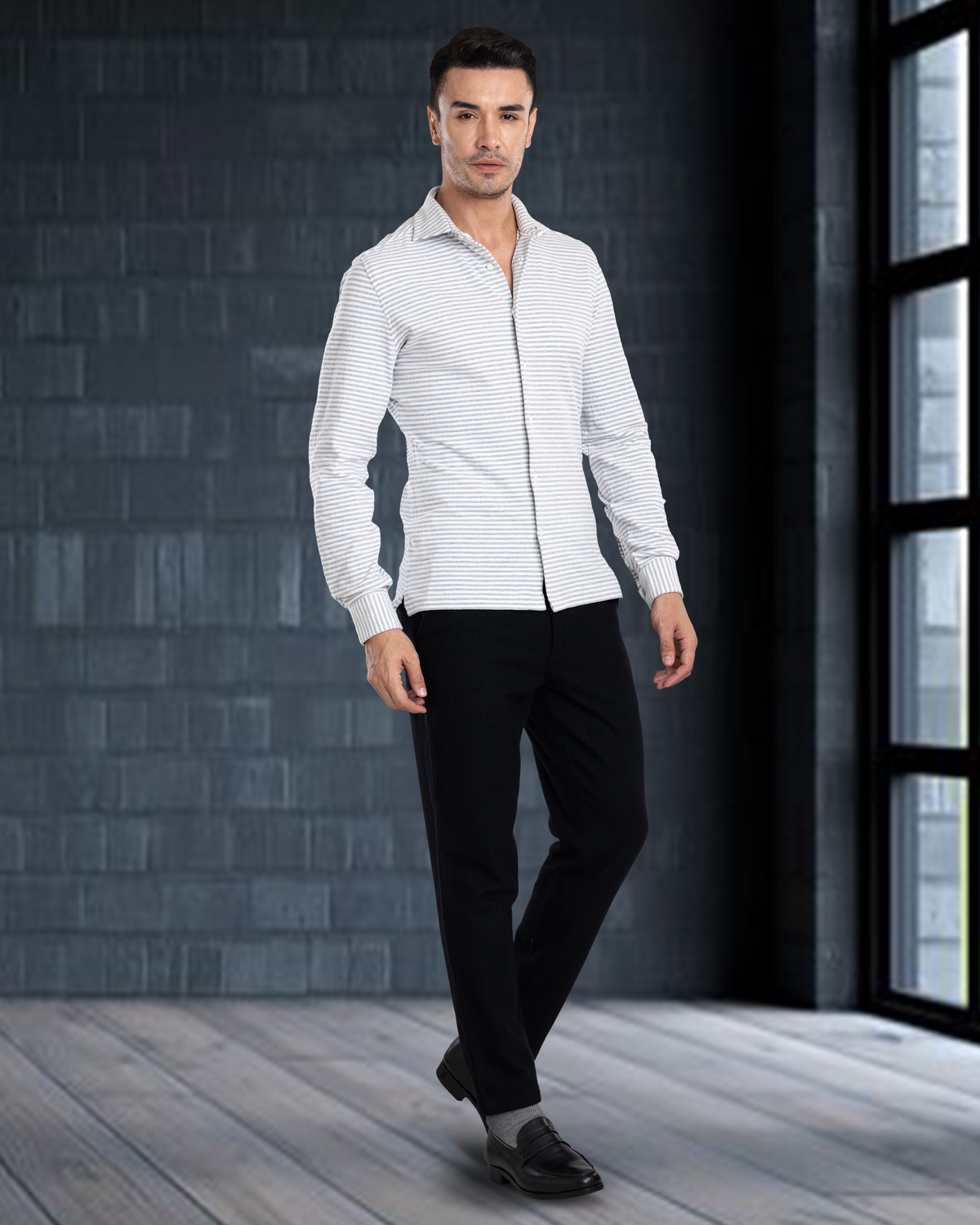 Grey White Candy Stripes Polo Shirt - 4